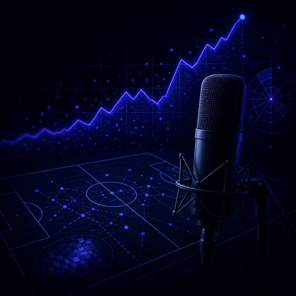 The Sports Quants podcast cover art: a studio microphone over a glowing data chart and pitch diagram